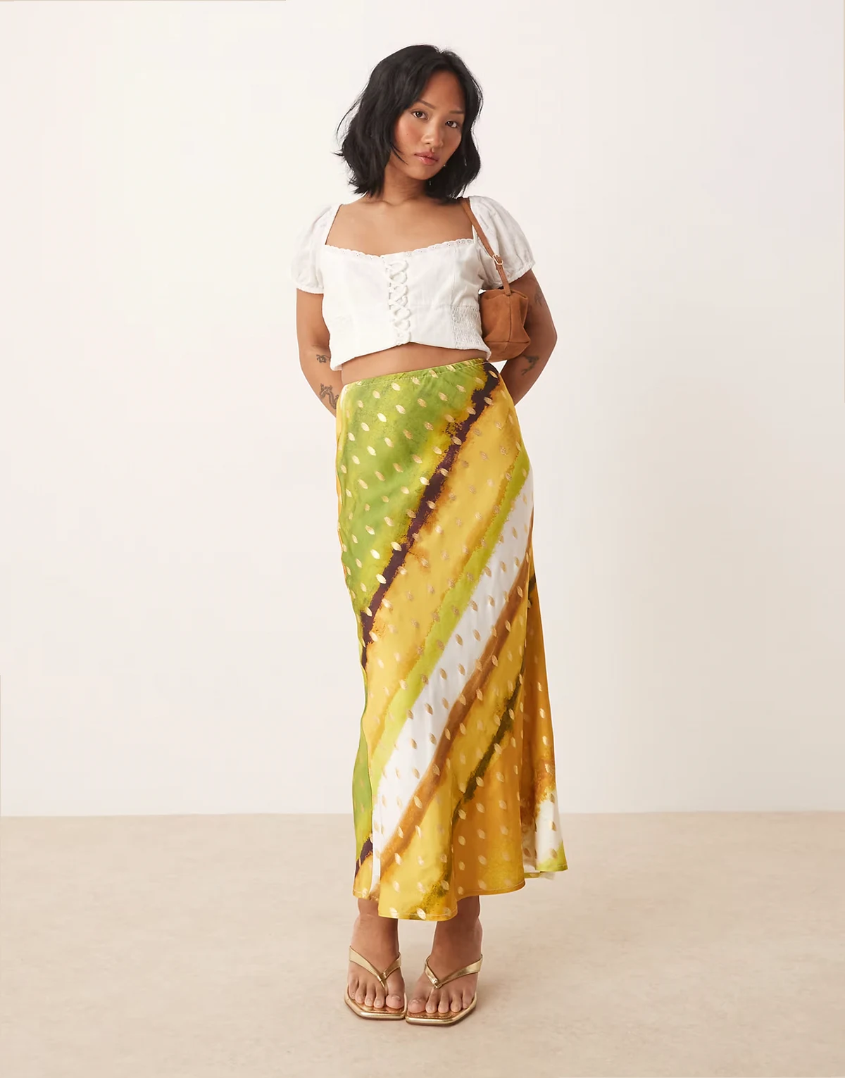 Petite Dorris satin gold fleck maxi skirt in green print