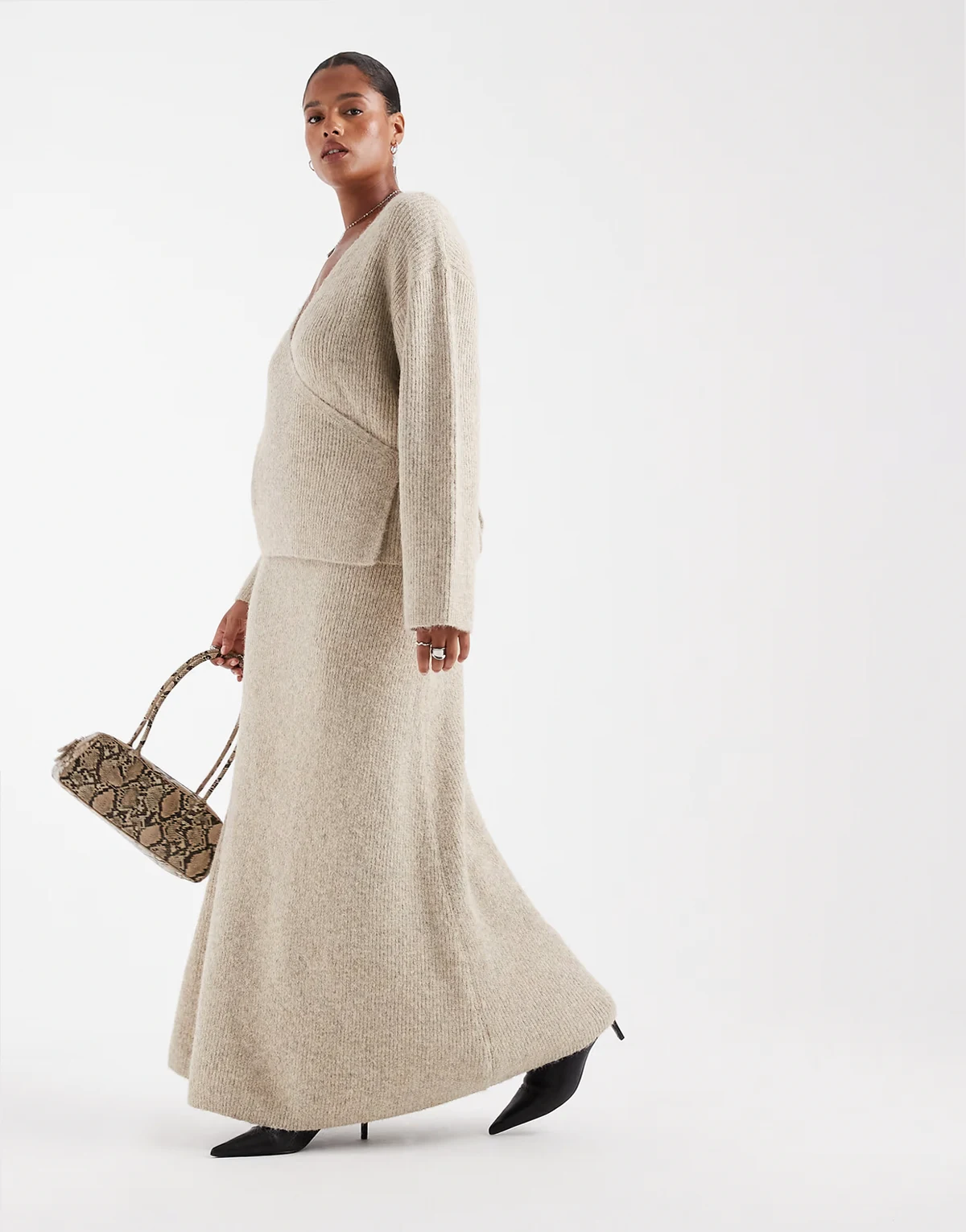 wool feel soft knit maxi skirt in beige - part of a set