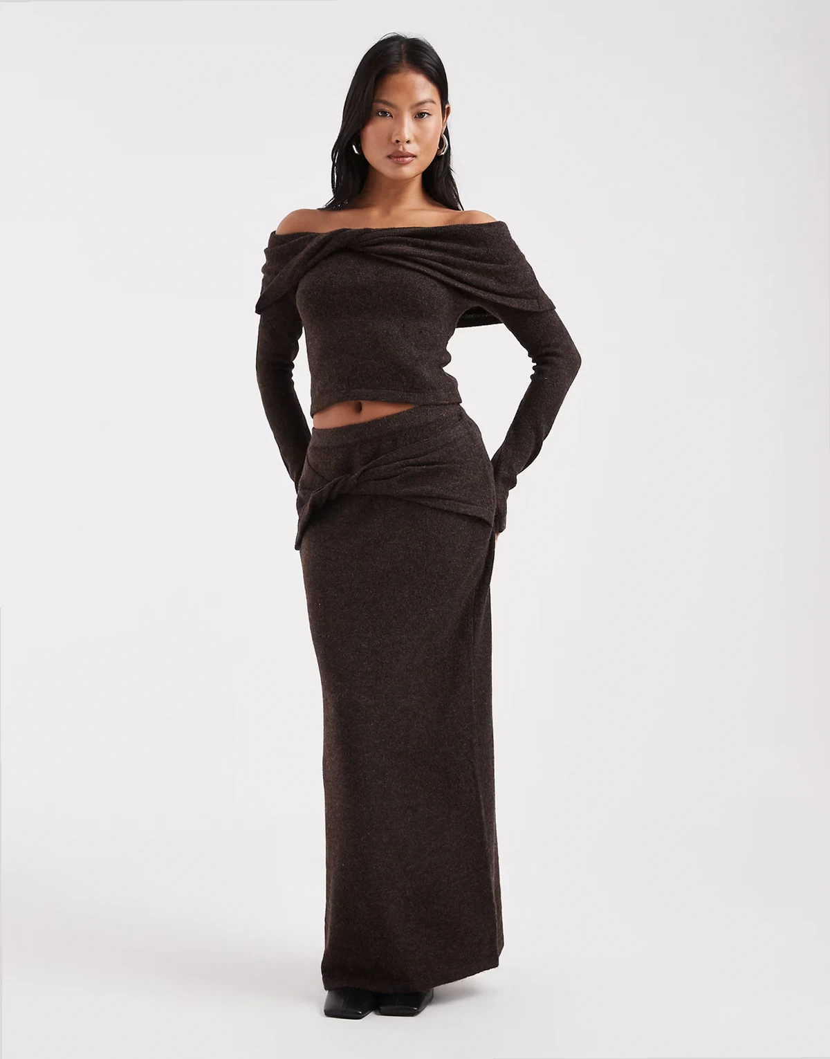 knit twisted detail maxi skirt in chocolate - part of a set