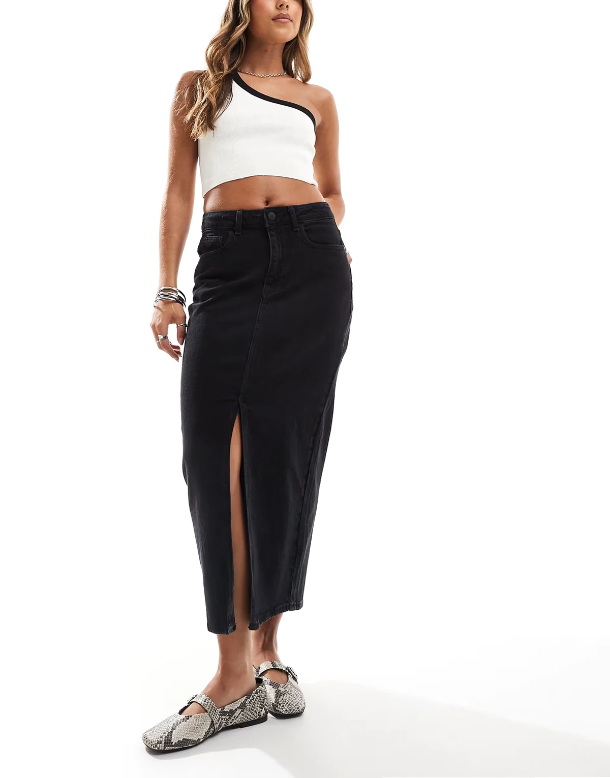 high rise denim front split midi skirt in black wash