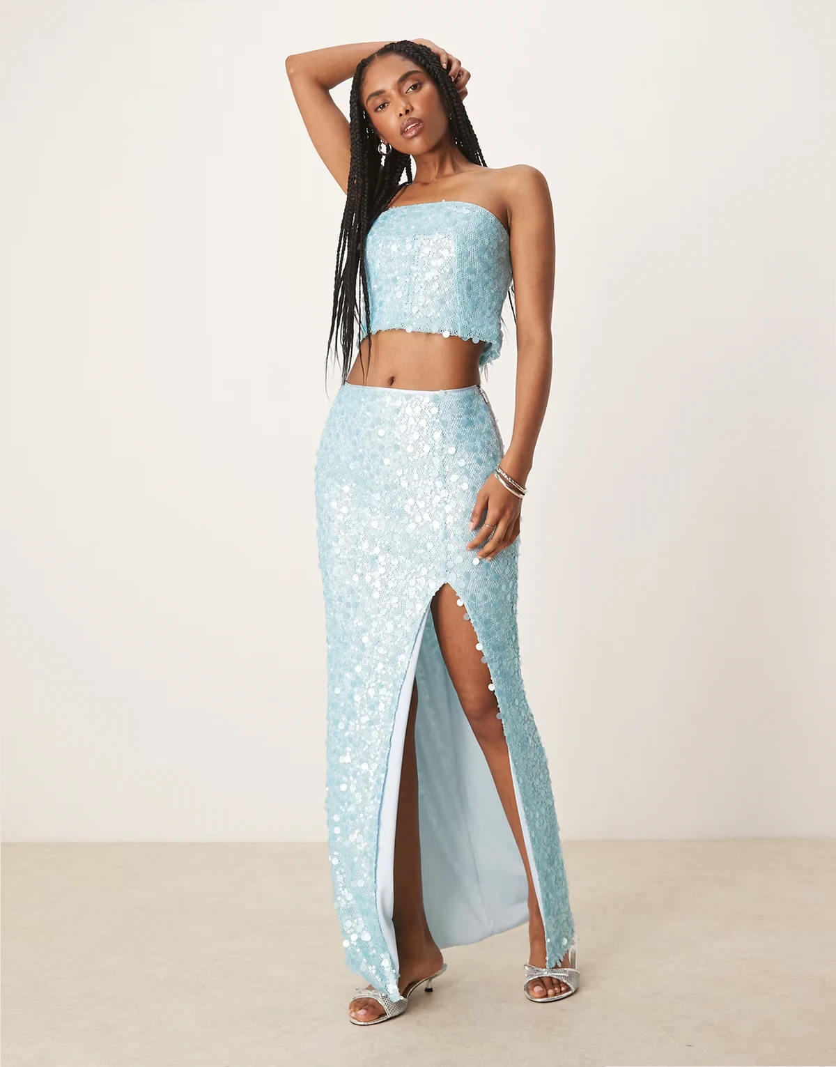 paillette sequin maxi skirt in aqua blue - part of a set