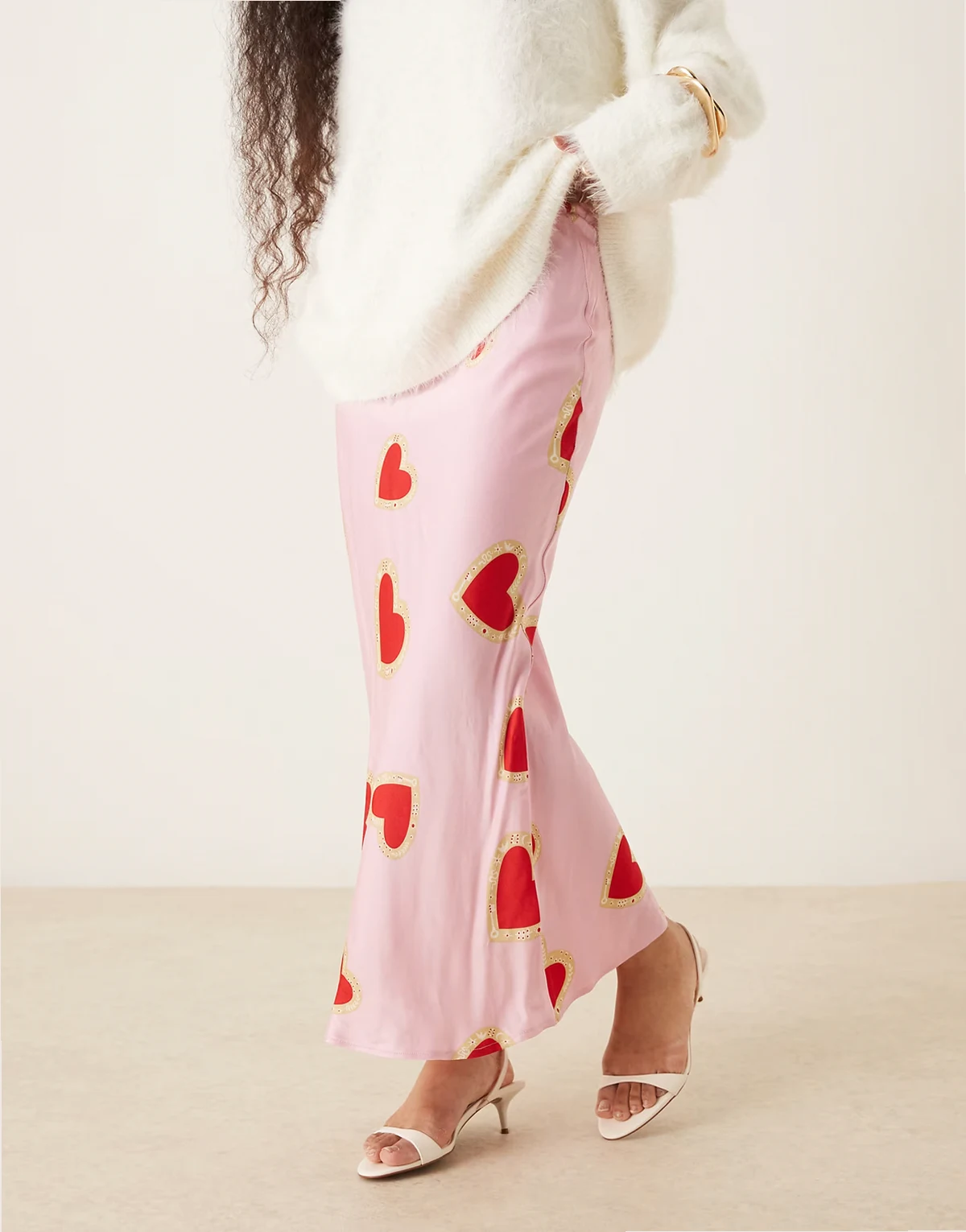 Petite Dorris satin maxi slip skirt in pink/heart print