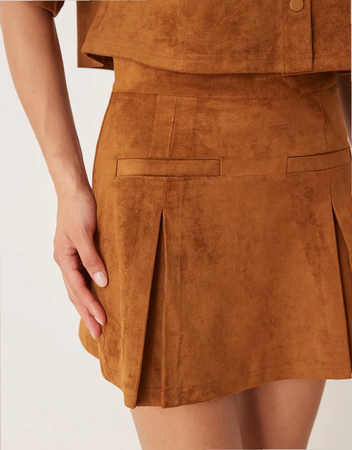 faux suede pleated mini skirt in brown - part of a set