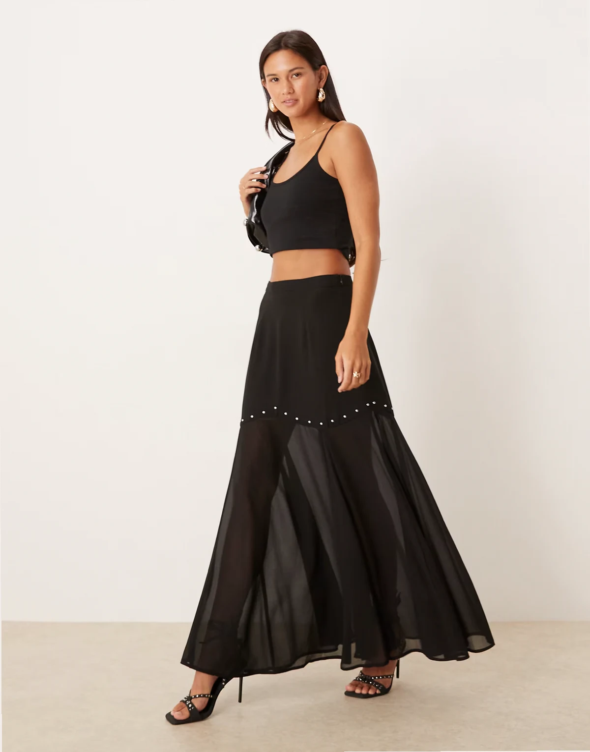 studded sheer hem maxi skirt in black