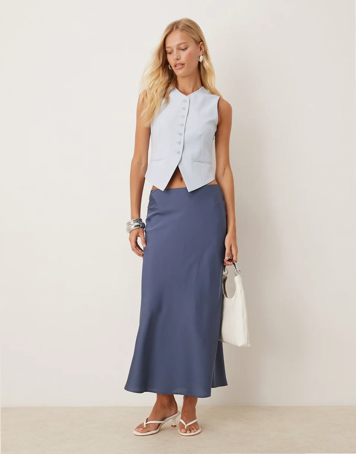 satin maxi skirt in mid blue