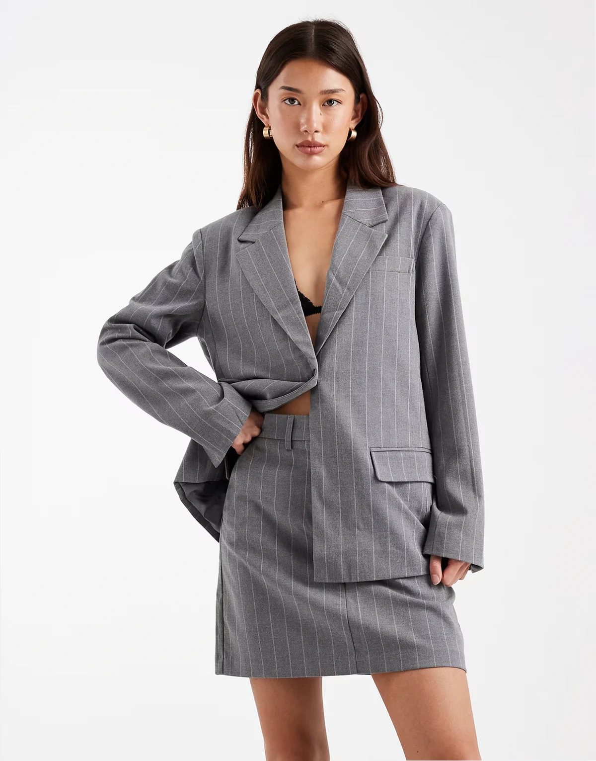 stretch tailored mini skirt in gray pinstripe - part of a set