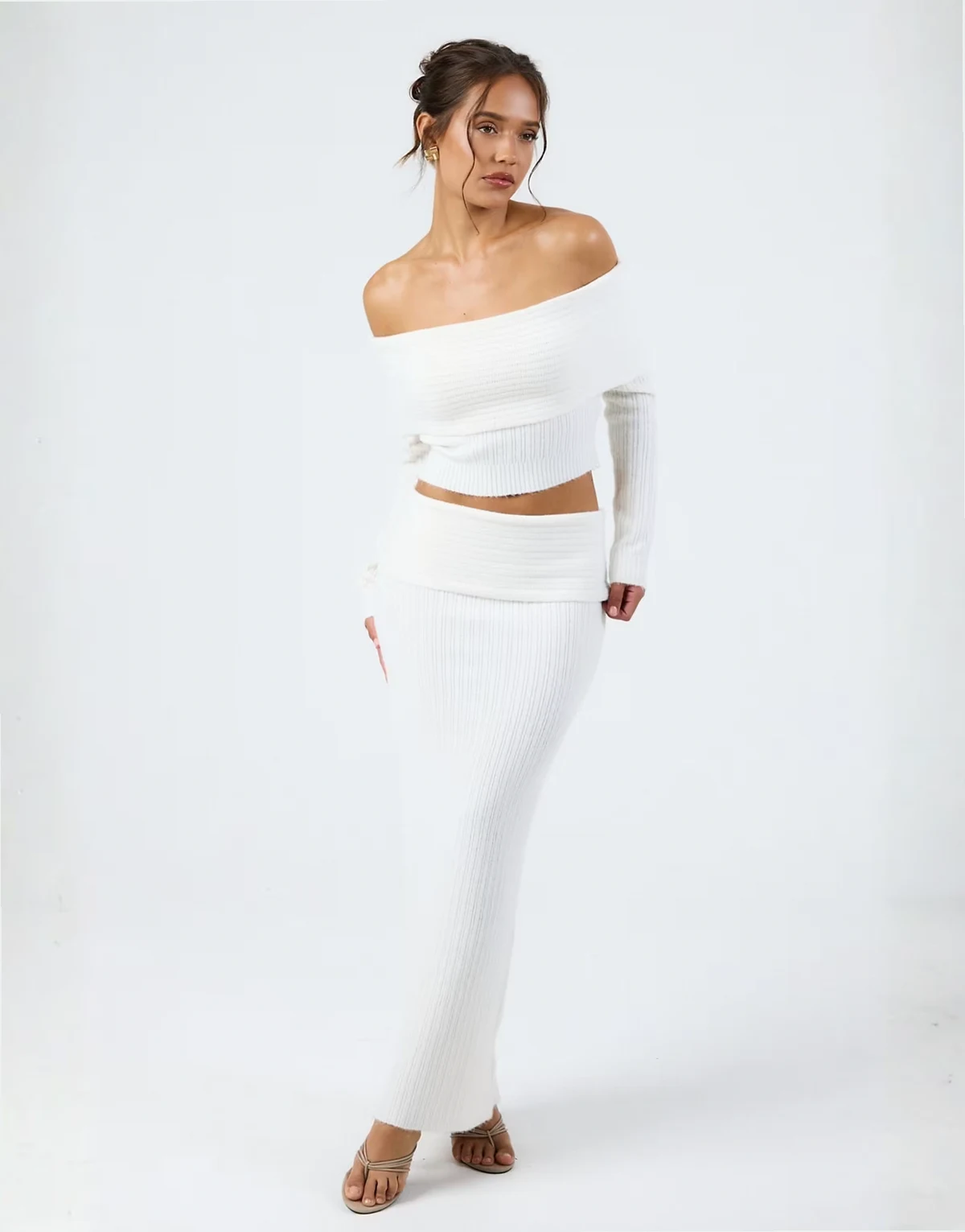 knit low waist fold over maxi skirt in cream - part of a set