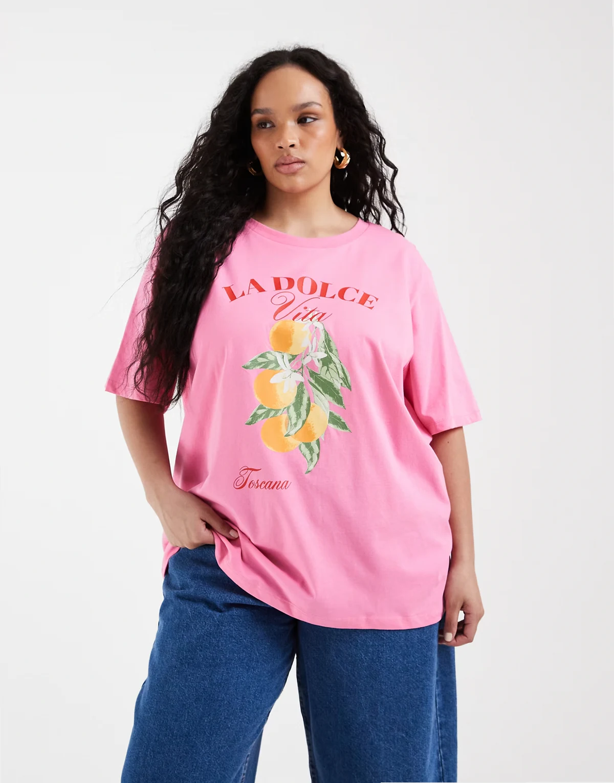 – Oversize-T-Shirt in Rosa mit Orangen-Print