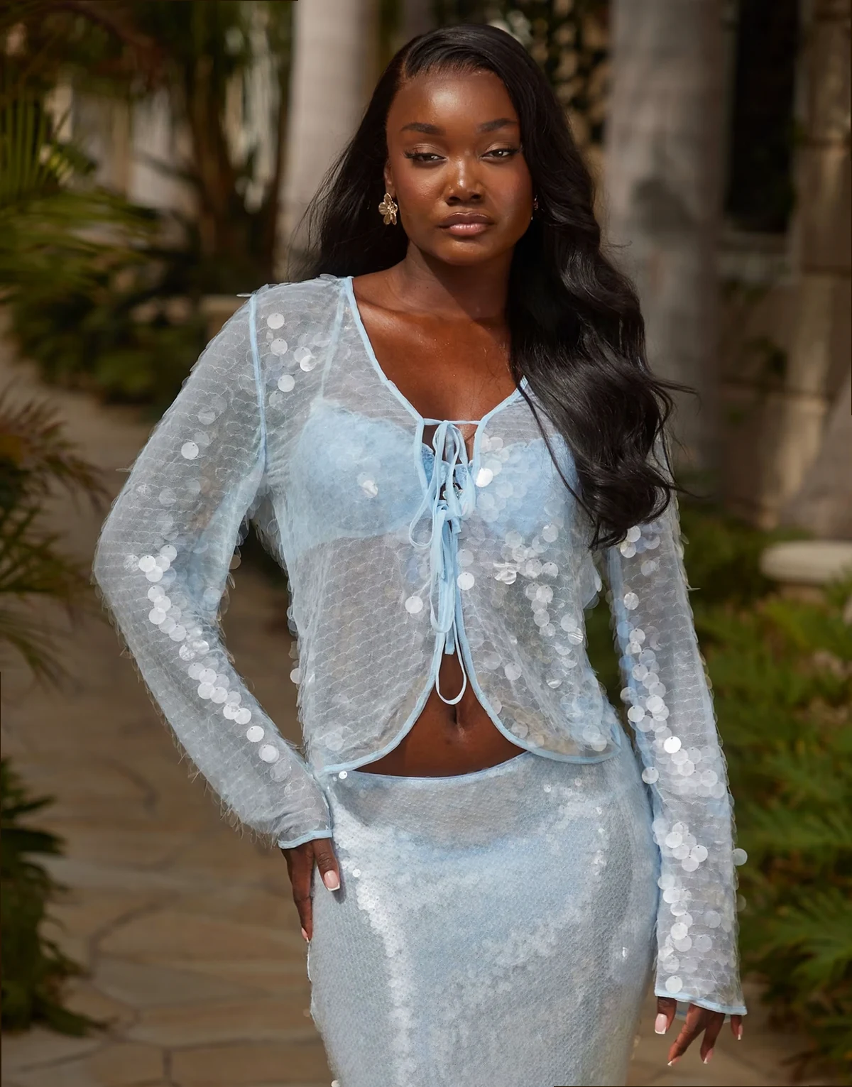 tie front sequin long sleeve beach top in blue