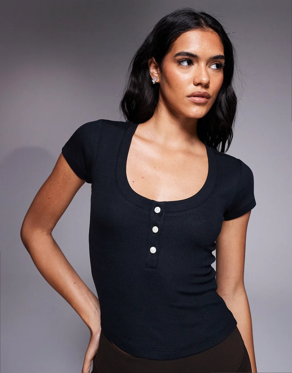 Rest Day ultra soft modal ribbed cropped baby henley T-shirt in black