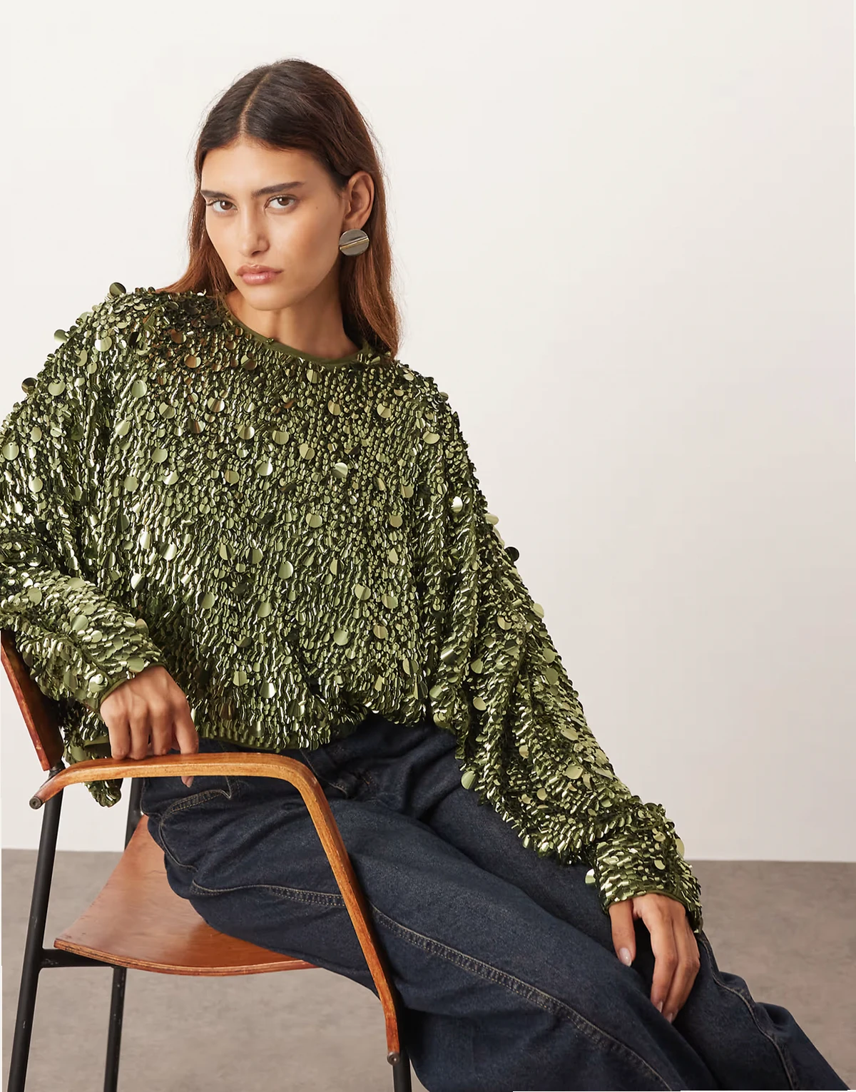 long sleeve square cut top in molten khaki green sequins