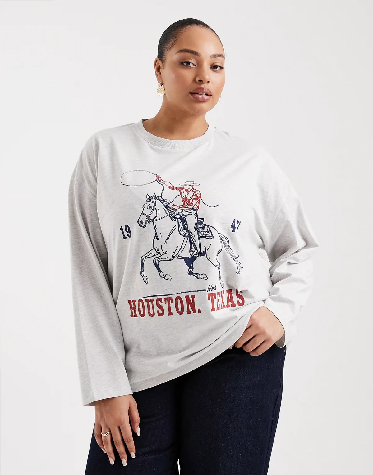 ASOS DESIGN Curve – Jasnoszary melanżowy T-shirt z długimi rękawami i grafiką z napisem „Texas”
