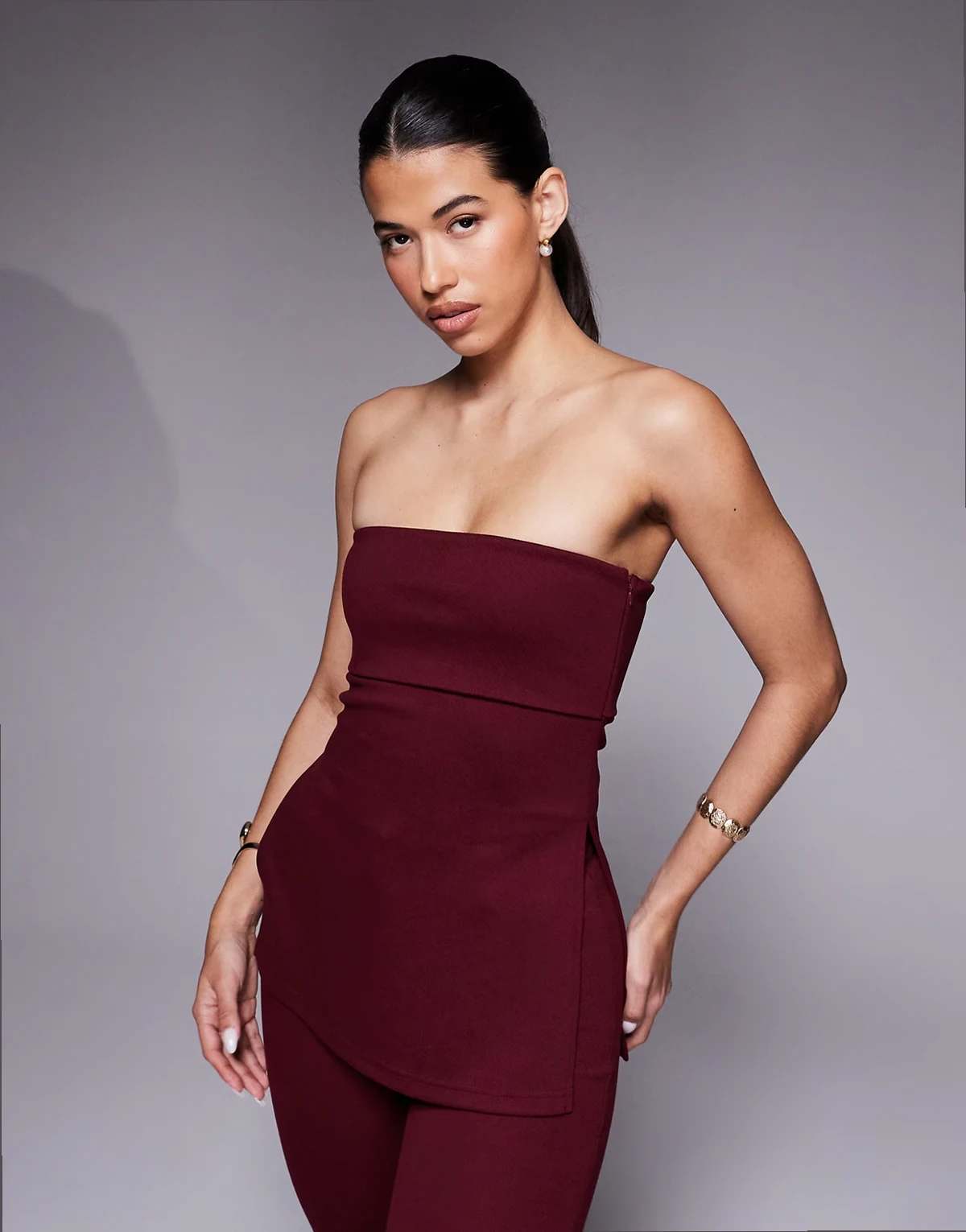 jersey twill fold over longline bandeau top in burgundy - part of a set