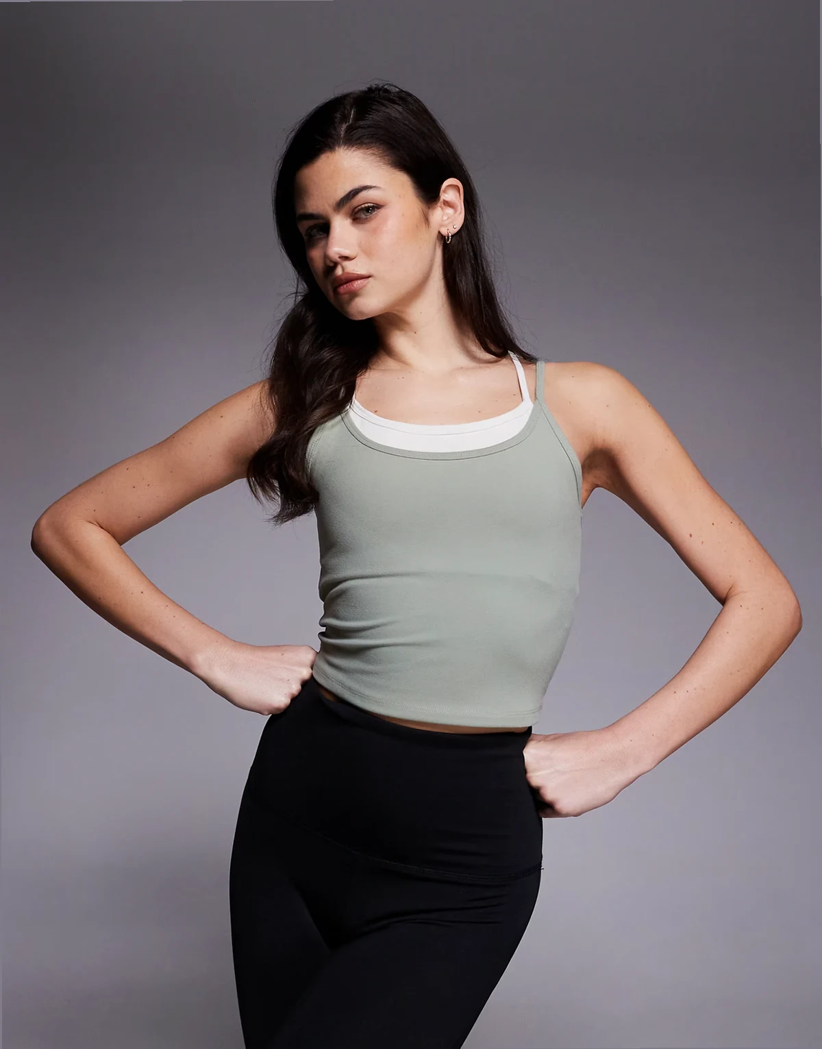soft touch double layer strappy tank top with removable padding and adjustable straps in pistachio & buttermilk
