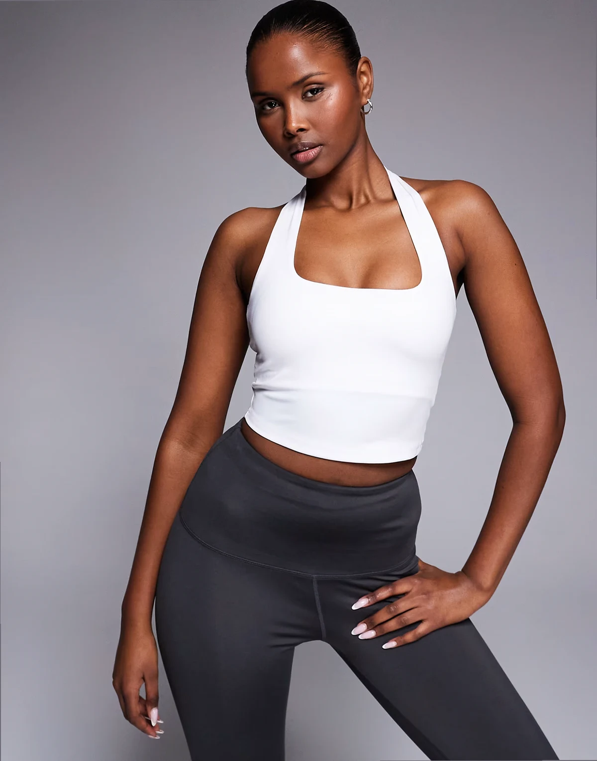 active halterneck performance tank top with inner bra in white
