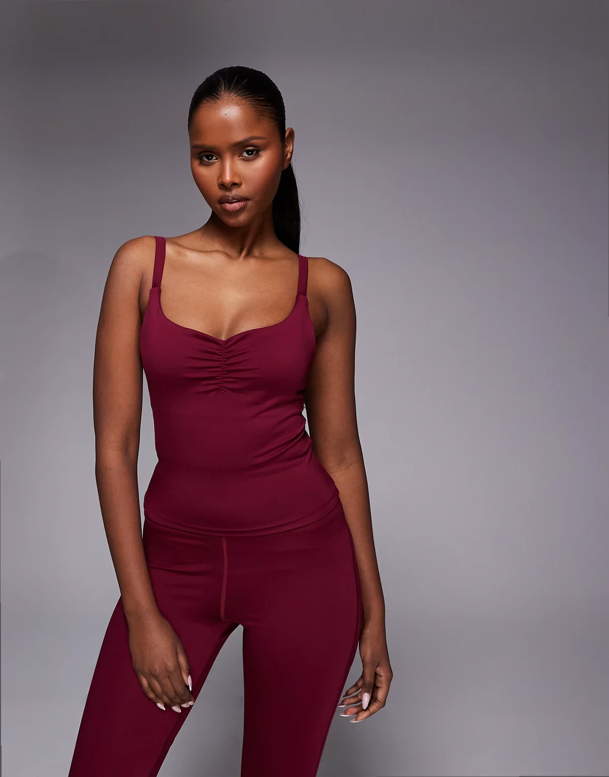 Active sweetheart ruched neckline tank top with inner bra in cherry red