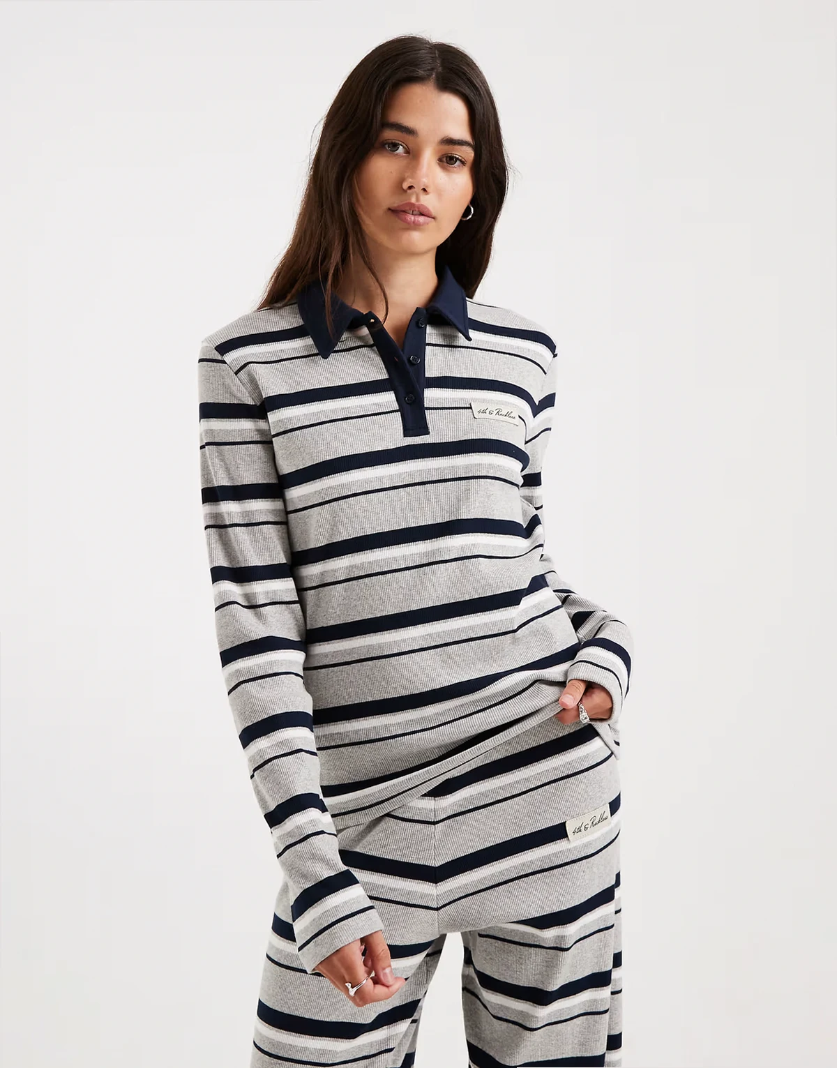 cotton rich ribbed logo detail collared long sleeve top in navy and gray stripes - part of a set