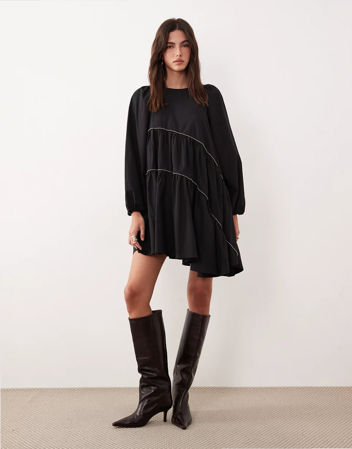 cotton blend beaded trim asymmetric hem mini dress in black