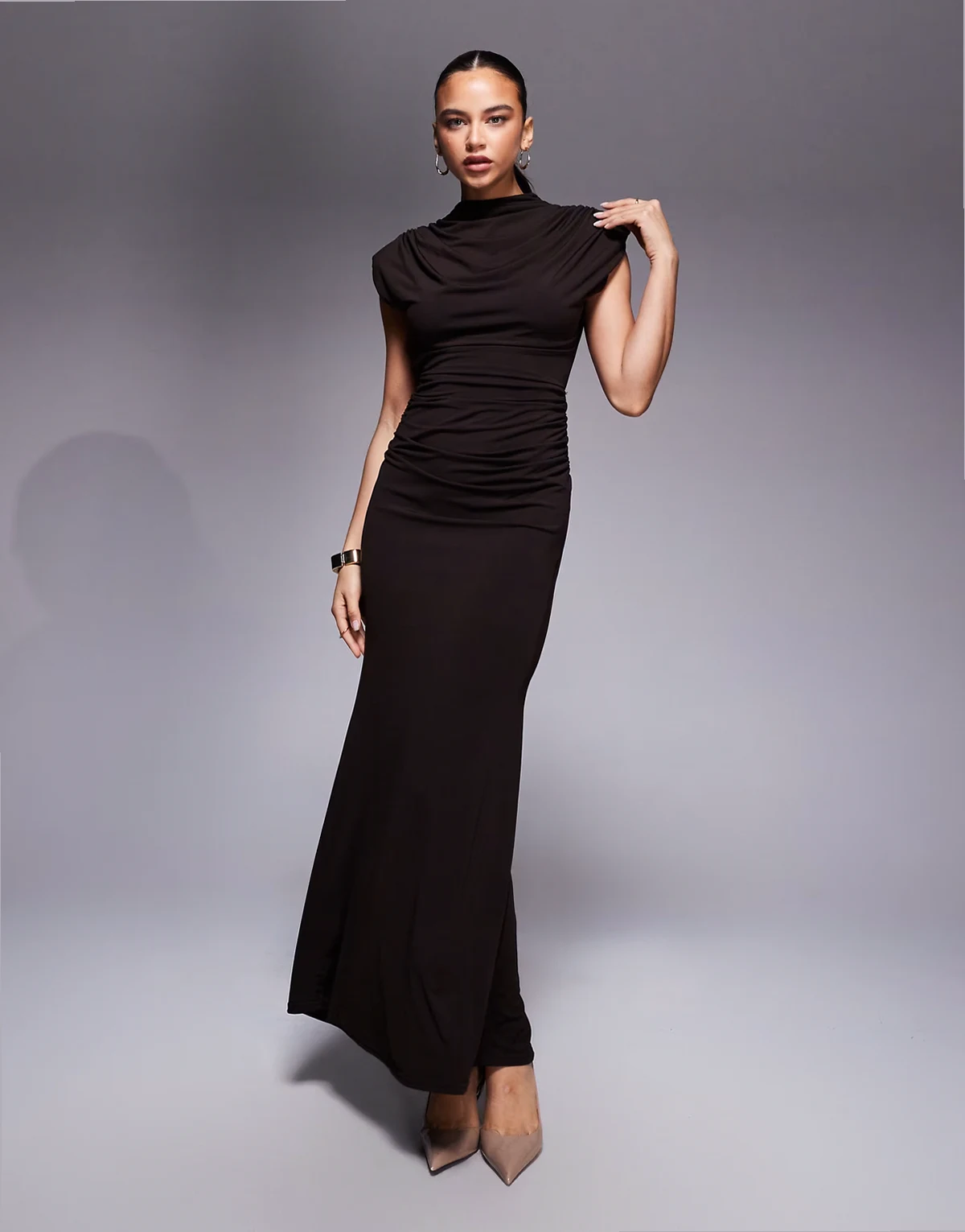 high neck cowl maxi dress with open back in chocolate