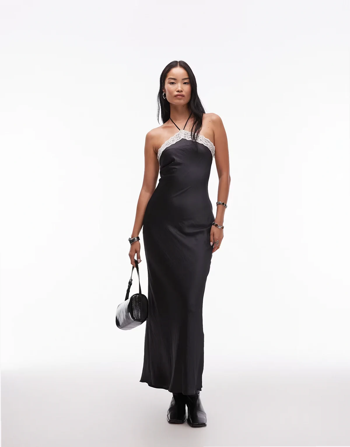 lace halter neck dress in black