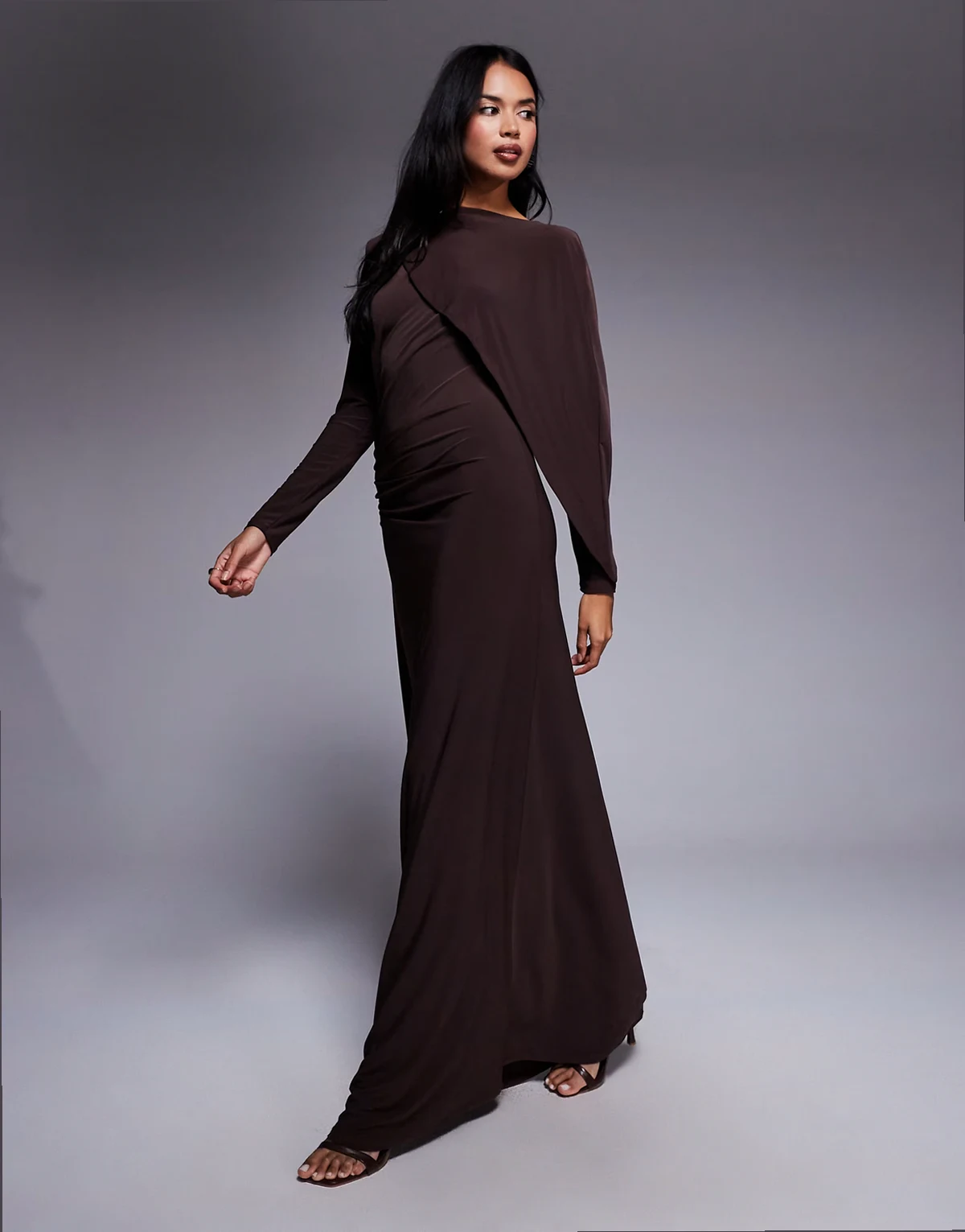 slinky cape detail maxi dress in chocolate brown