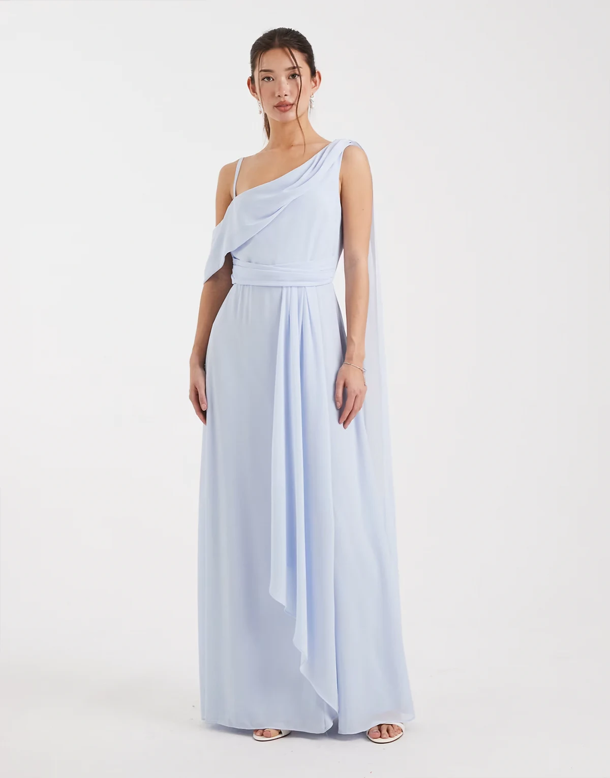Bridesmaid chiffon fallen shoulder maxi dress with wrap skirt in light blue