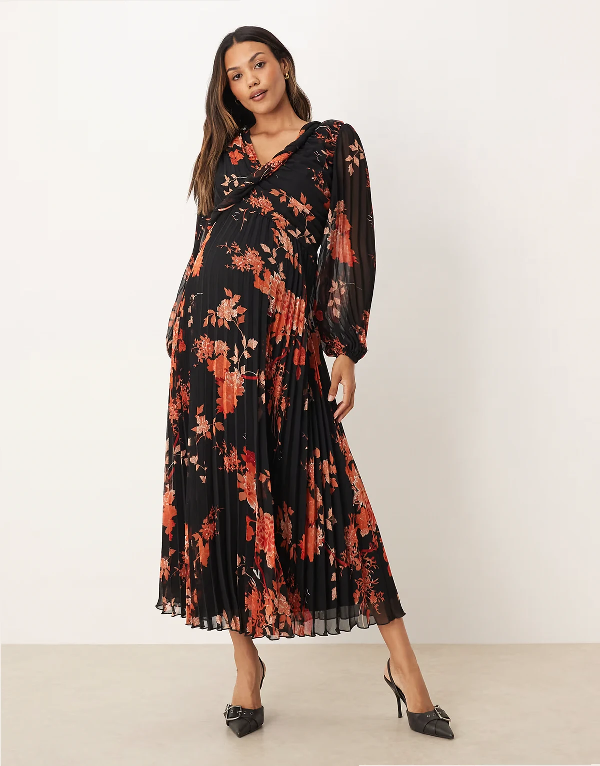 ASOS DESIGN Maternity wrap pleated midi dress in black floral print
