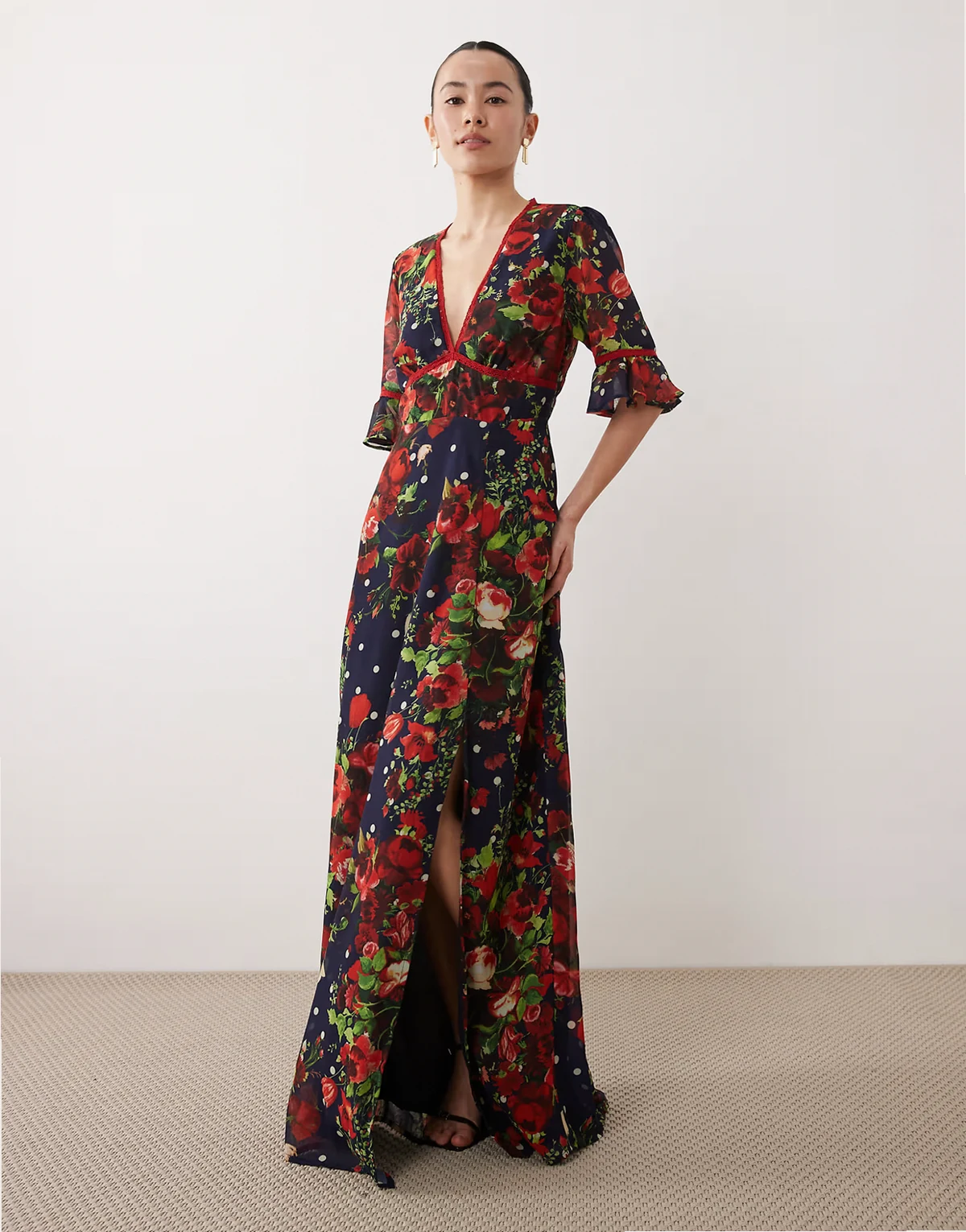 frill sleeve thigh slit open back maxi dress in navy polka-dot floral