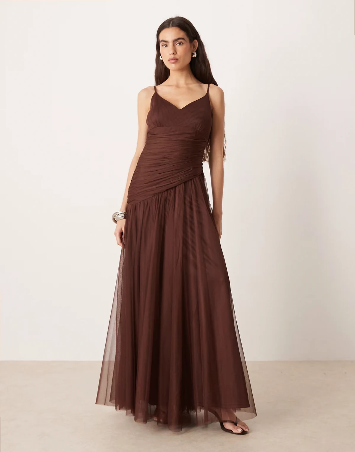 tulle asymmetric drop waist maxi dress in chocolate brown