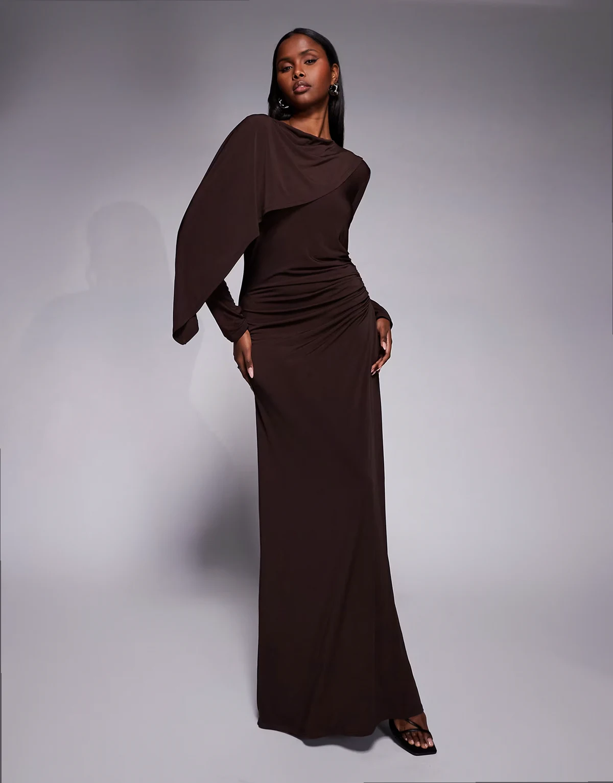 slinky one shoulder cape detail maxi dress in chocolate