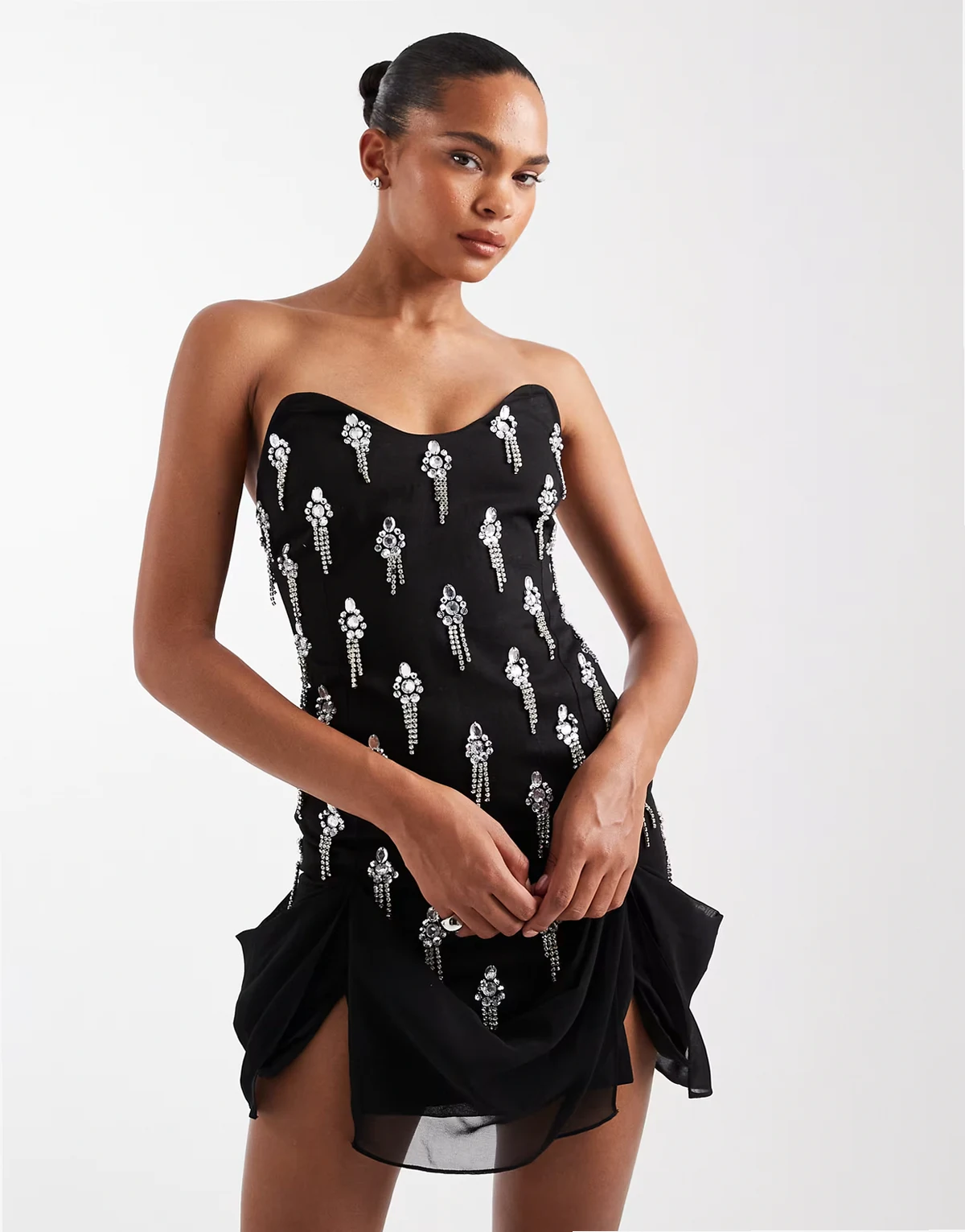 – Drapiertes Minikleid in Schwarz mit Korsettdetail und Verzierung