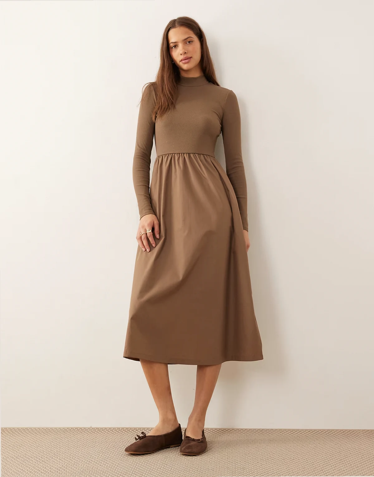 high neck jersey poplin mix midi dress in mocha