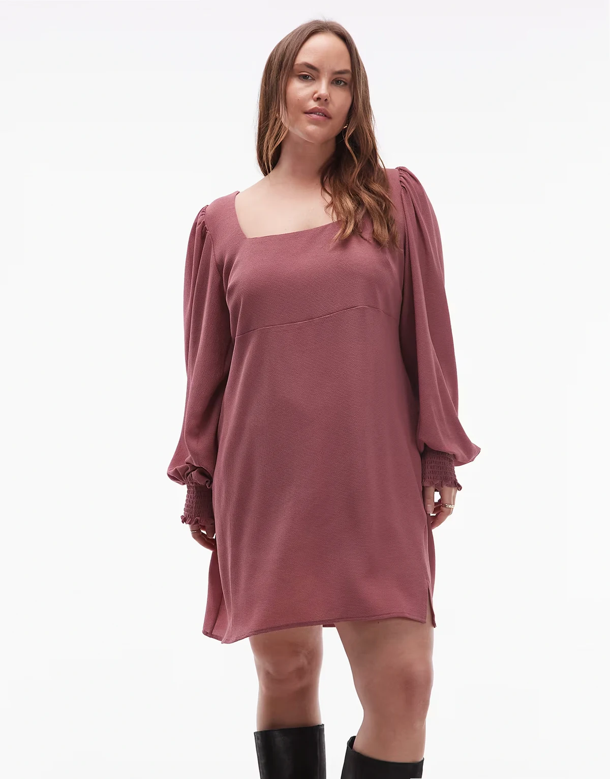 ASOS DESIGN Curve – Różana sukienka z długimi rękawami, kwadratowym dekoltem i wiązaniem z tyłu