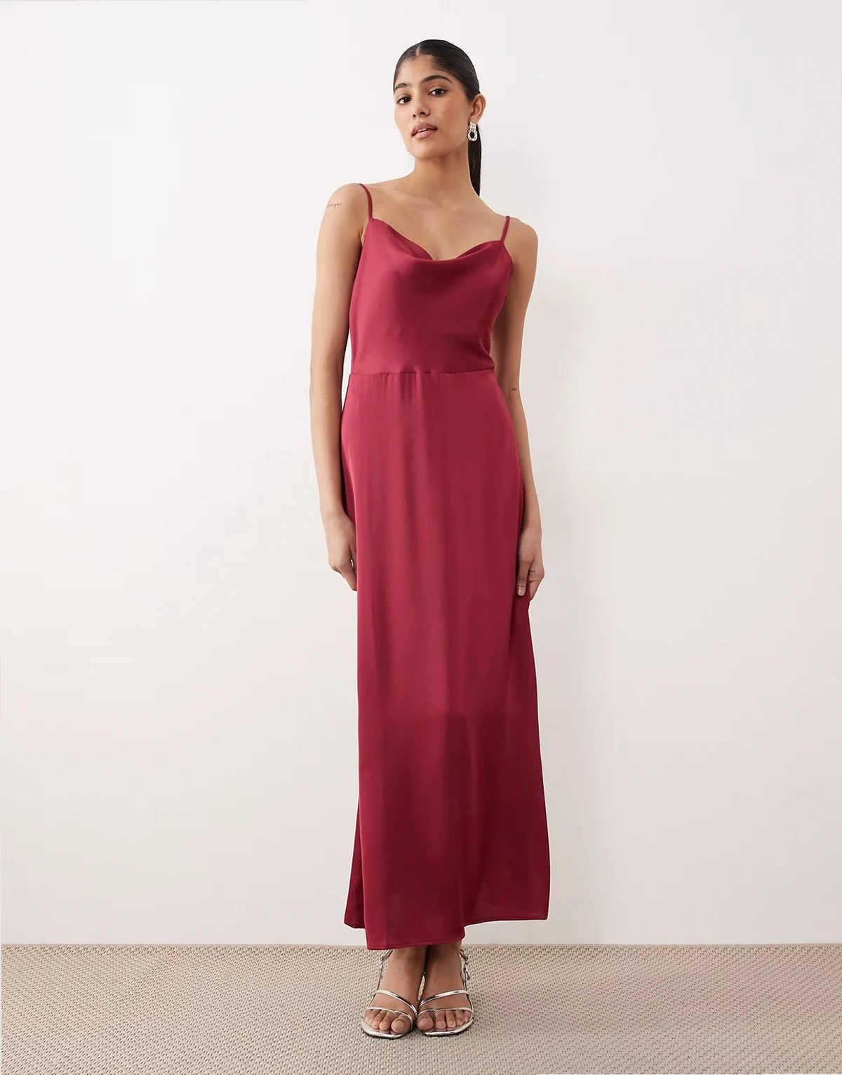 satin cowl neck cami maxi dress in burgundy