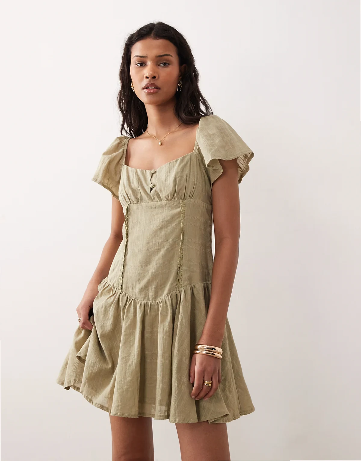 Eden textured dropped waist mini dress in sage