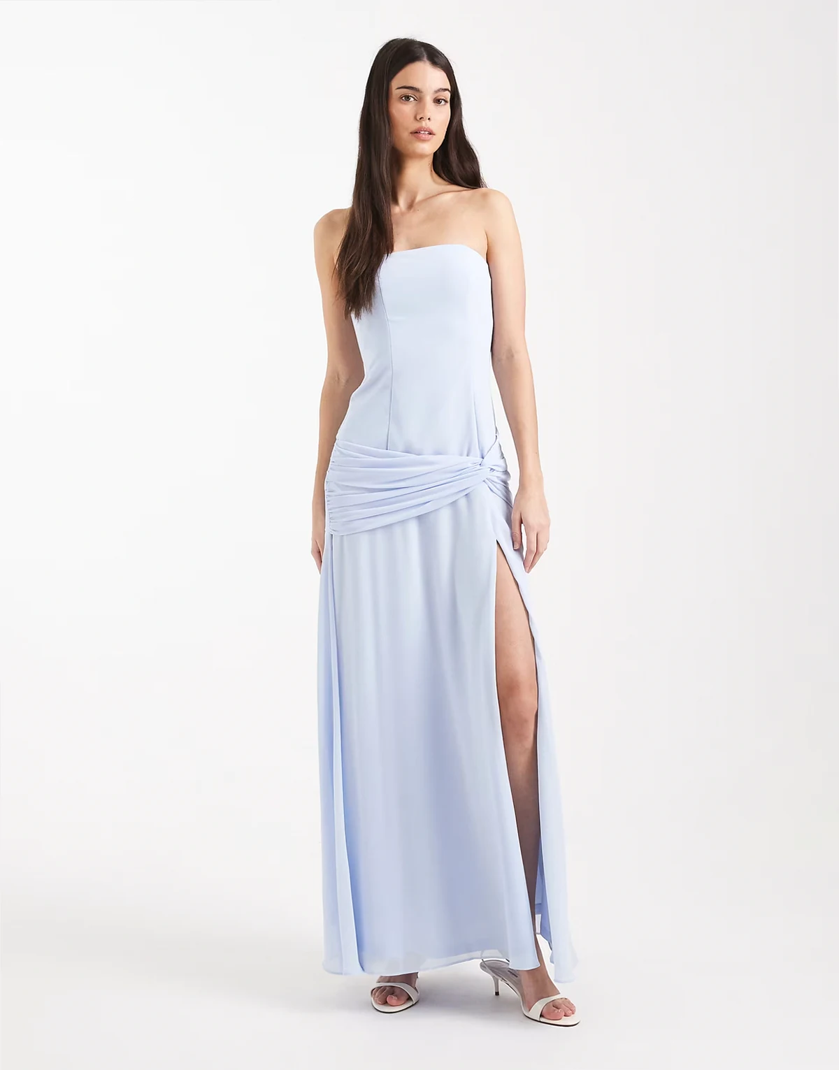 Bridesmaid chiffon sleeveless drop waist twist detail thigh split maxi dress in blue