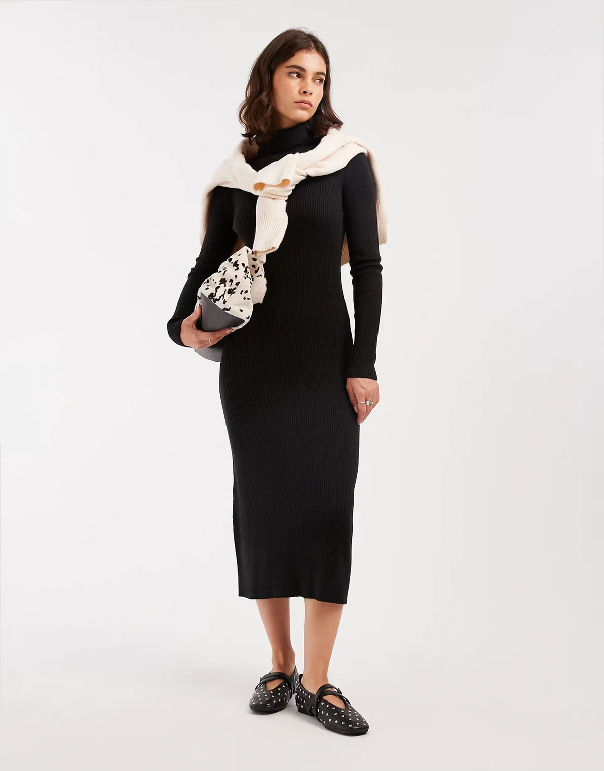 knitted turtle neck ribbed midi sweater dress in black
