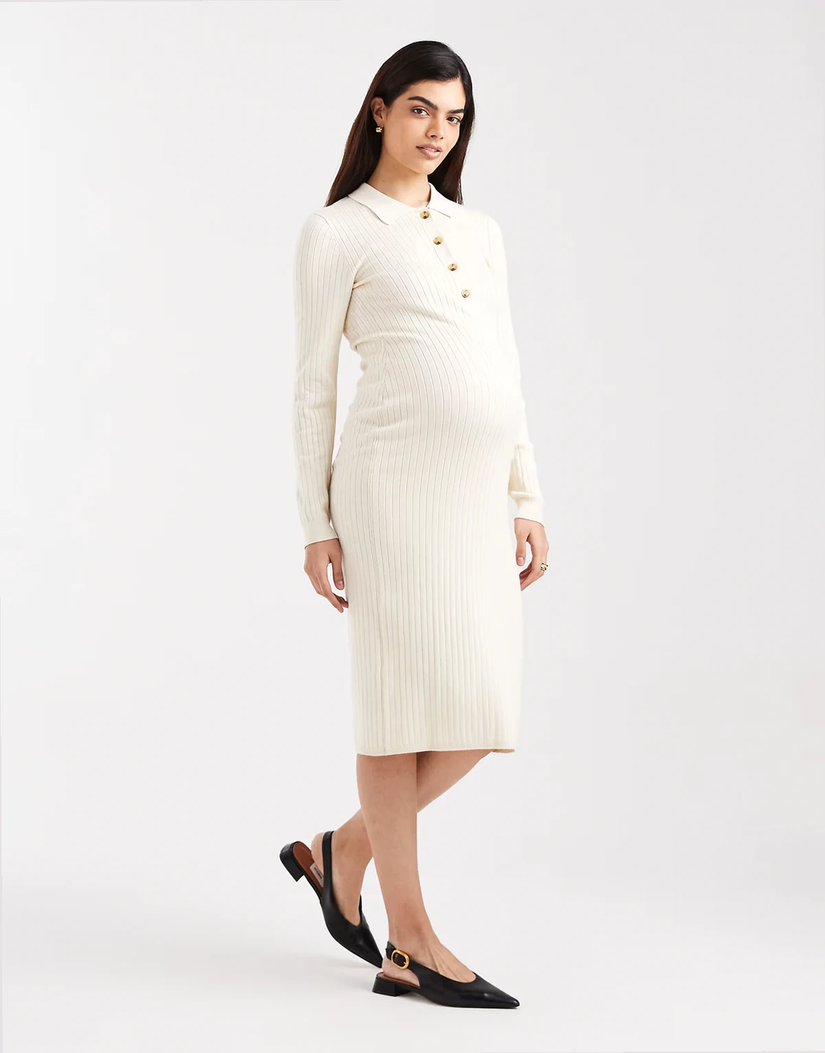 Mamalicious Maternity – Kremowa prążkowana 2-funkcyjna sukienka midi do karmienia z długimi rękawami i guzikami z przodu