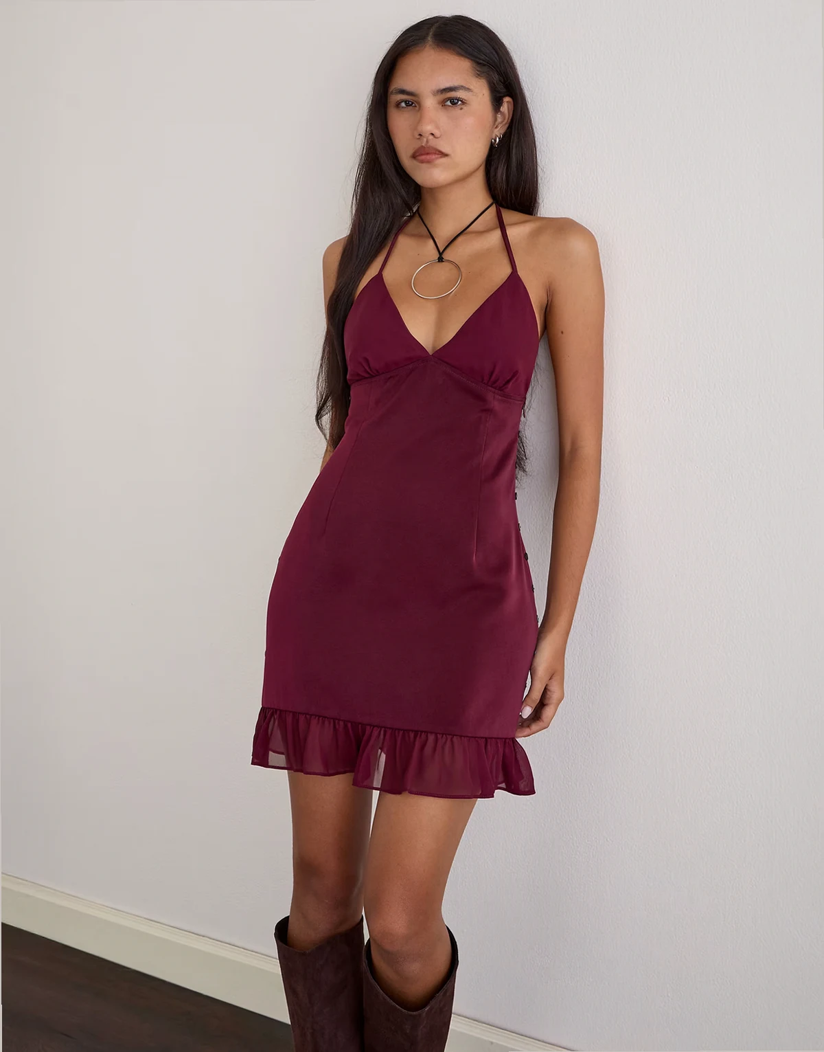 – Rosali – Chiffon-Kleid in Burgunderrot mit Neckholder