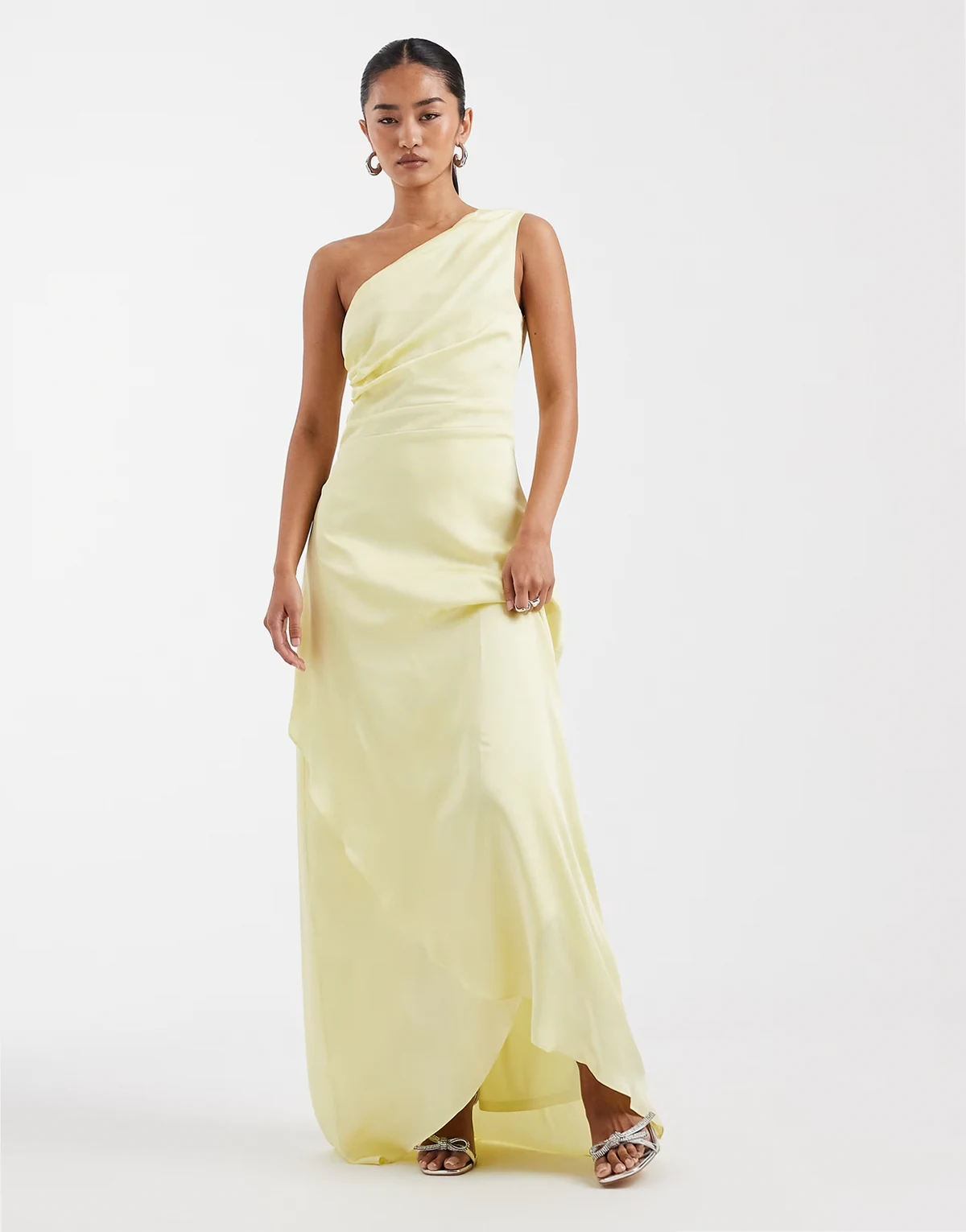 Bridesmaid satin one shoulder wrap skirt maxi dress in yellow