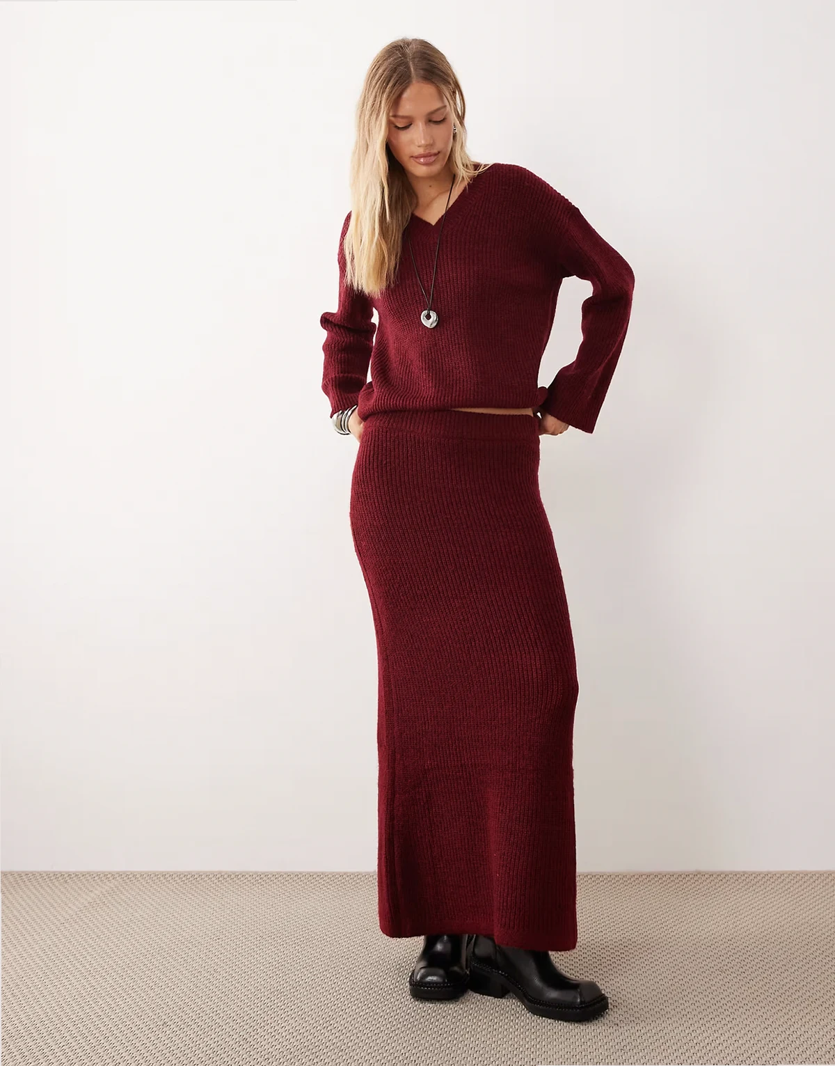 rib knit maxi skirt in burgundy - part of a set