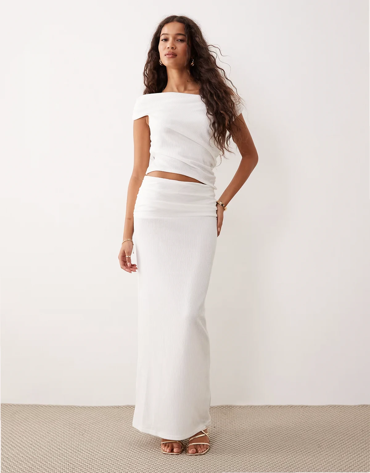 textured rib knit column maxi skirt in ivory - part of a set