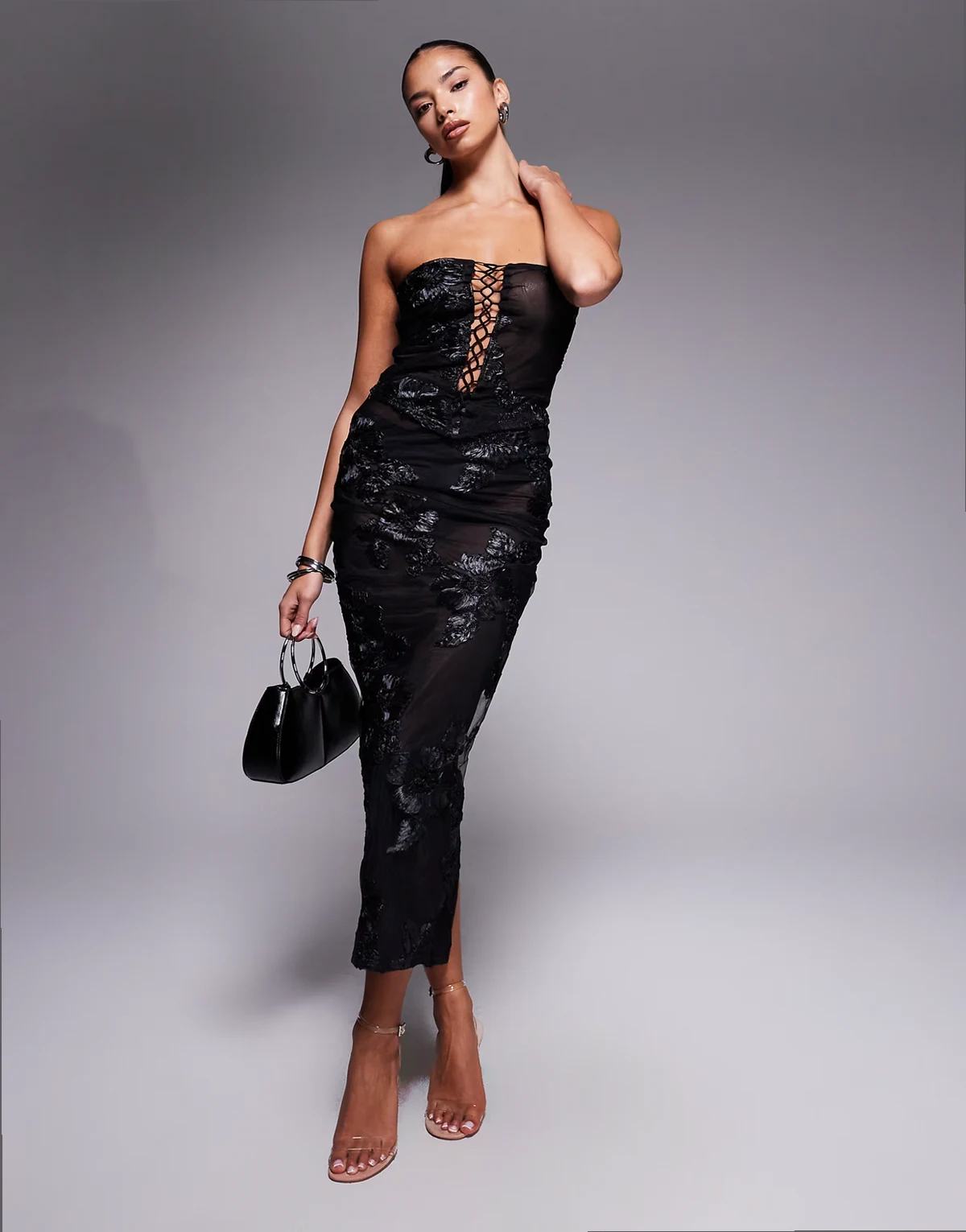 exclusive mesh column midaxi skirt in textured black floral applique - part of a set
