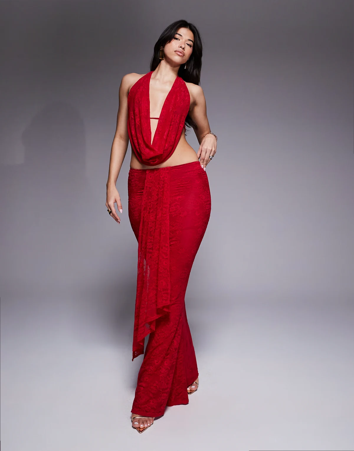 exclusive lace mesh drape detail fishtail maxi skirt in red - part of a set
