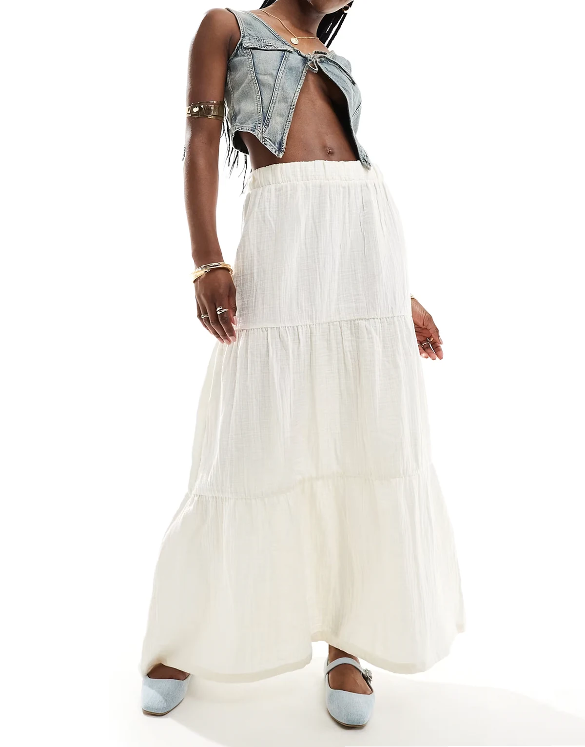 boho tiered maxi skirt in white