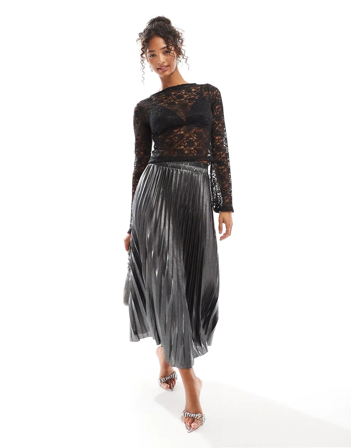 – Plissee-Maxirock in Metallic-Grau