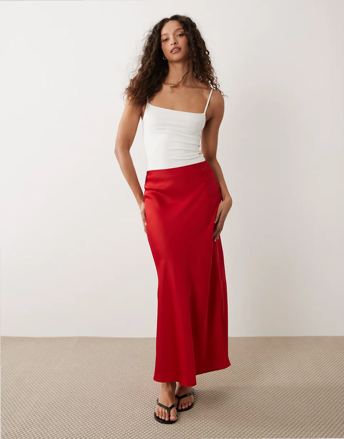 satin maxi skirt in red