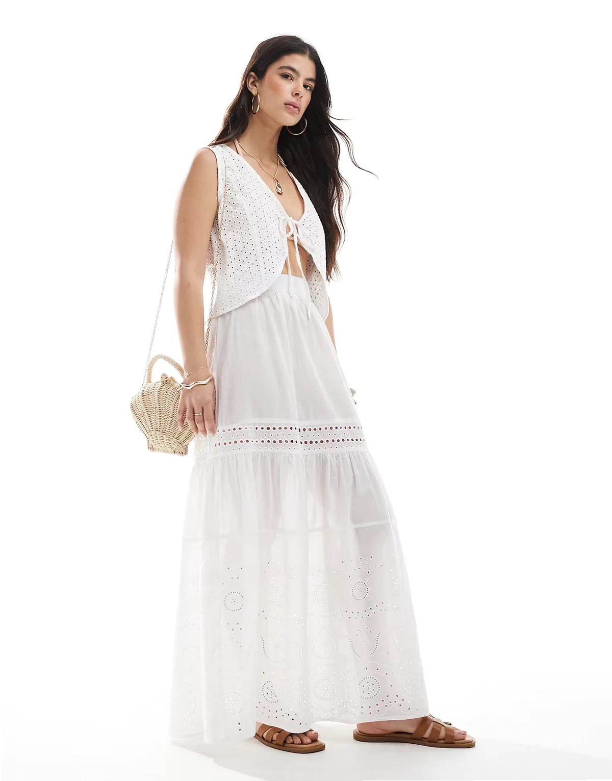 Esmee Exclusive lace panel tiered maxi beach skirt in white