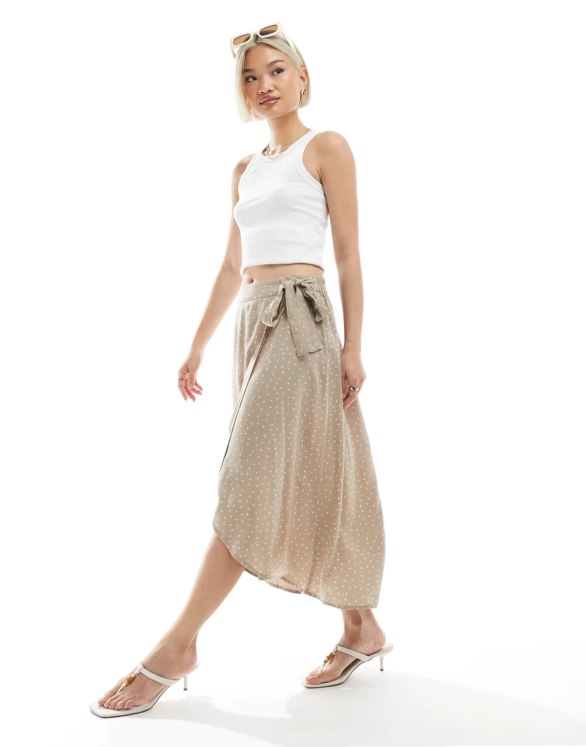wrap midi skirt in crockery beige spot print