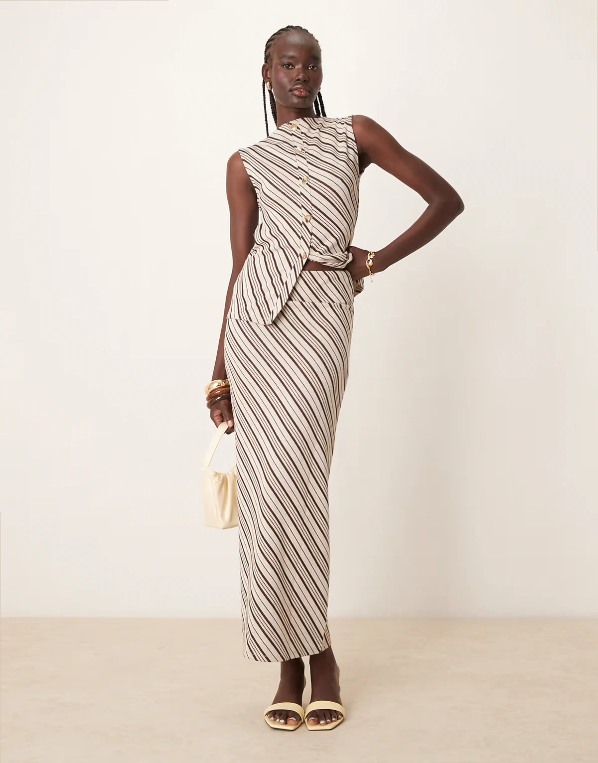 asymmetric stripe jersey maxi skirt in brown and cream - part of a set